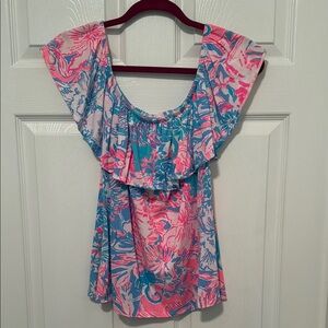 Lilly Pulitzer Floral Ruffle Sleeve Top - Pink and Blue